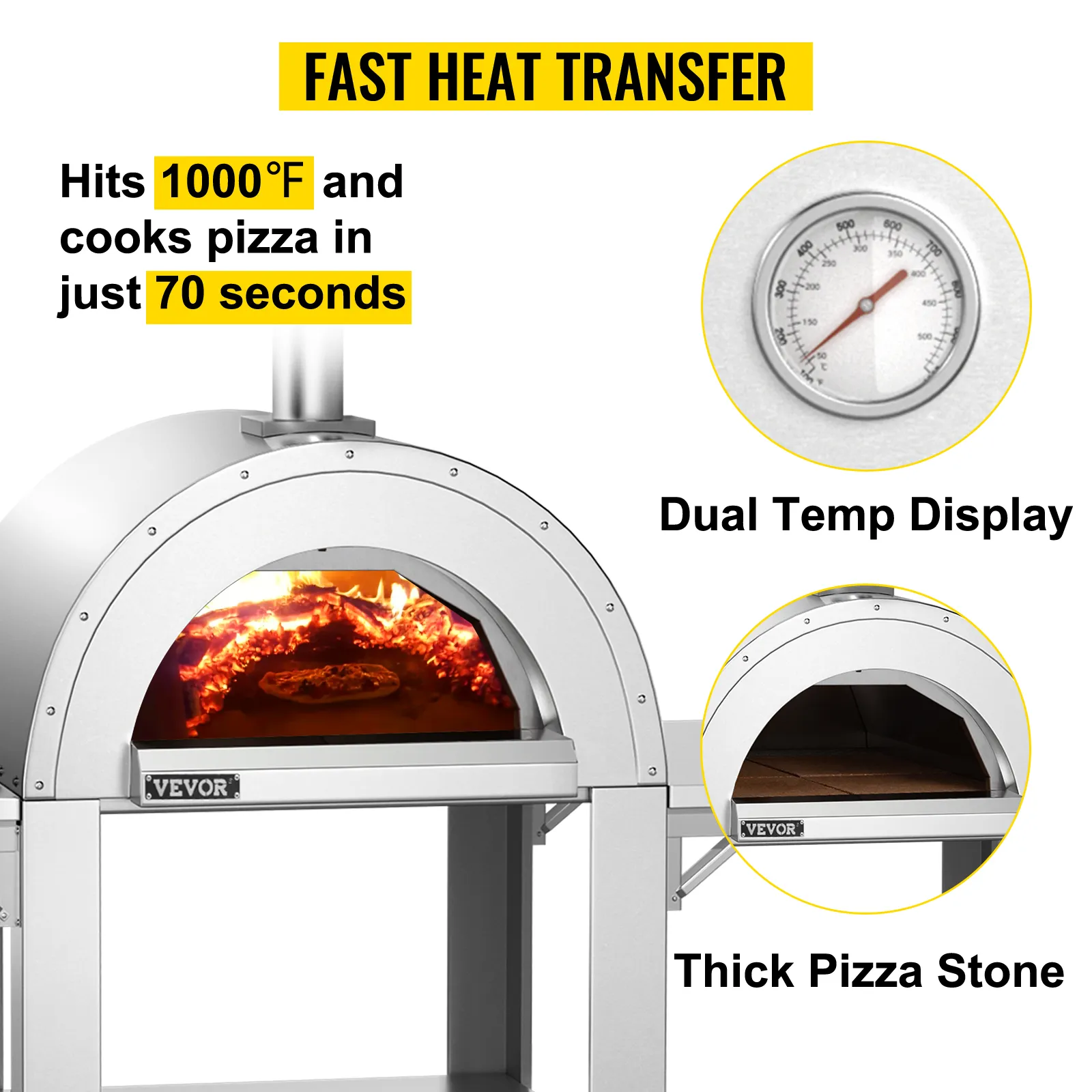 VEVOR pizza oven hits 1000°f, cooks pizza in 70 seconds, features dual temp display and thick pizza stone.