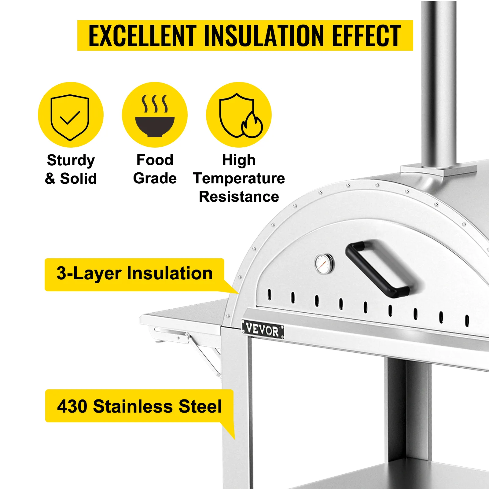 VEVOR pizza oven with 3-layer insulation, 430 stainless steel, and excellent high-temperature resistance.