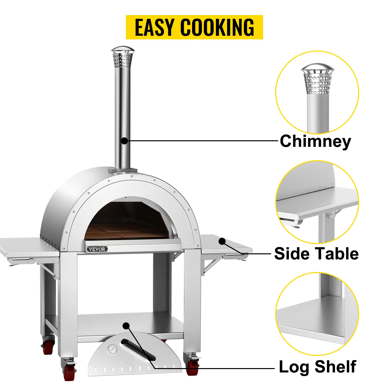 VEVOR pizza oven with chimney, side table, log shelf, and easy cooking text in yellow.