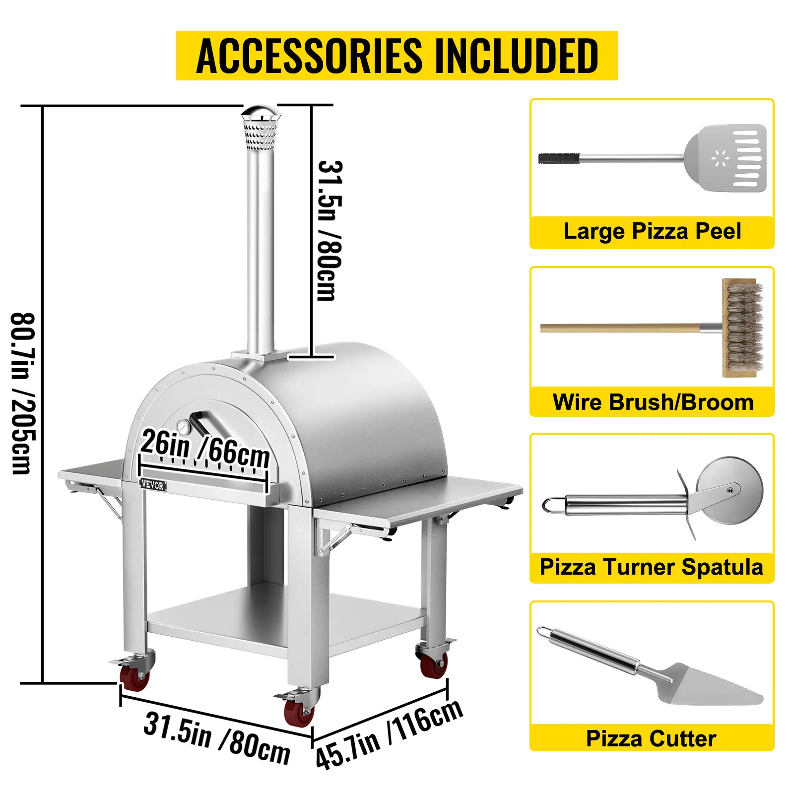 VEVOR pizza oven with included accessories: large pizza peel, wire brush/broom, pizza turner spatula, and cutter.