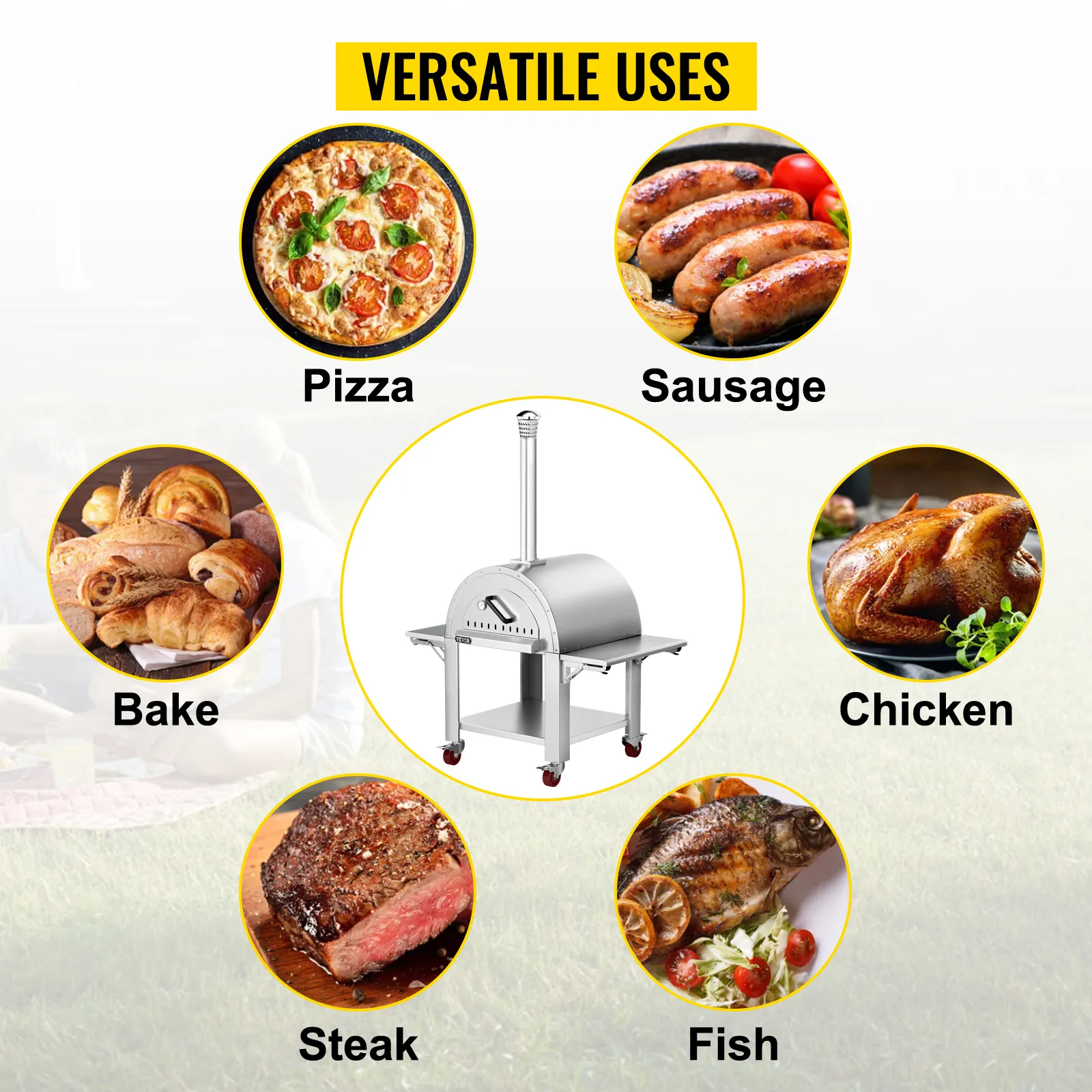 VEVOR pizza oven showing versatility for cooking pizza, chicken, sausage, steak, fish, and baked goods.