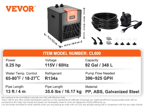 Enfriador de acuario VEVOR cl600, 0,25 hp, capacidad de 92 galones, 115 V, R134a, longitud de tubería de 13 pies, 396-925 gph.
