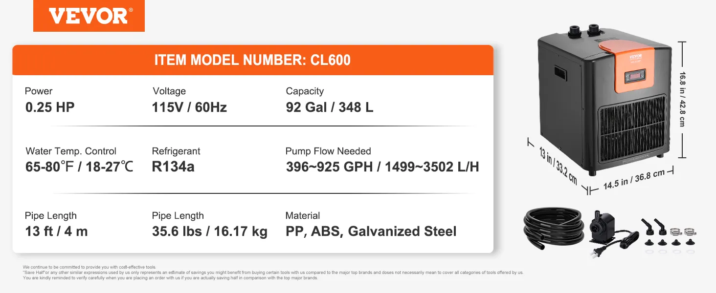 Enfriador de acuario VEVOR cl600, 0,25 hp, capacidad de 92 galones, 115 V, R134a, longitud de tubería de 13 pies, 396-925 gph.