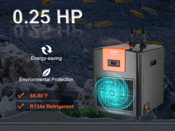 Enfriador de acuario VEVOR, 0,25 hp, ahorro de energía, 65-80 °F, refrigerante r134a, protección del medio ambiente.
