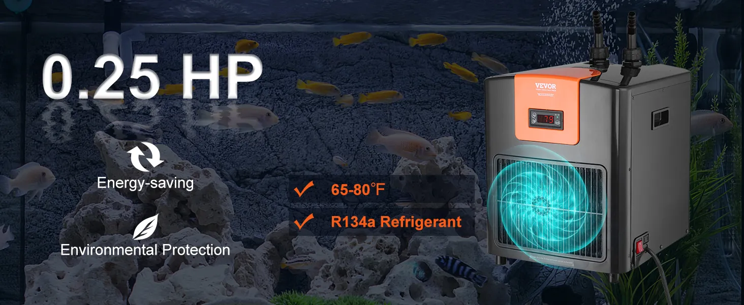 Enfriador de acuario VEVOR, 0,25 hp, ahorro de energía, 65-80 °F, refrigerante r134a, protección del medio ambiente.