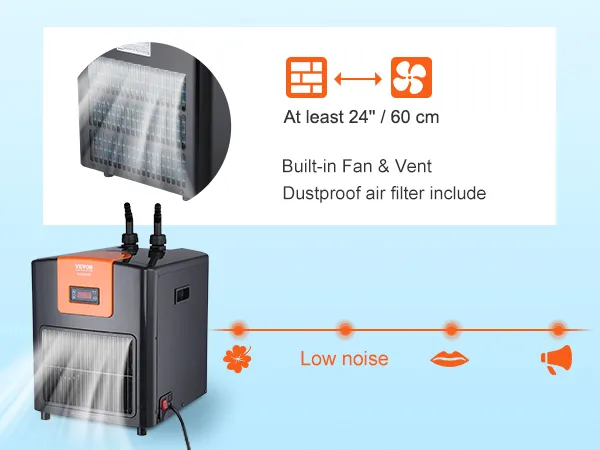 Enfriador de acuario VEVOR con ventilador incorporado, ventilación y filtro de aire a prueba de polvo para un funcionamiento silencioso.