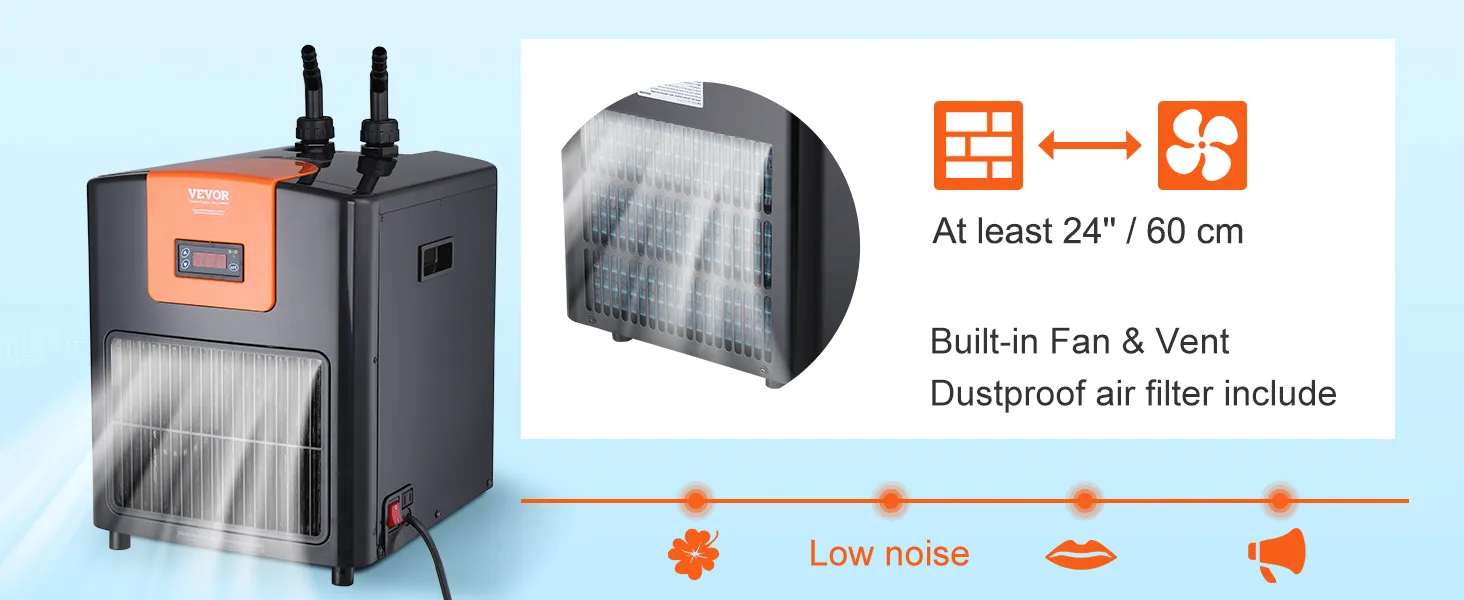 Enfriador de acuario VEVOR con ventilador incorporado, ventilación y filtro de aire a prueba de polvo para un funcionamiento silencioso.