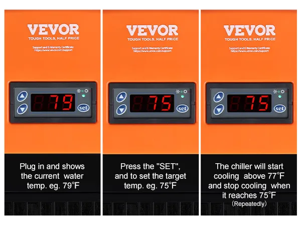 La pantalla del enfriador de acuario VEVOR muestra 79 °F, establece el objetivo en 75 °F y comienza a enfriar a 77 °F.