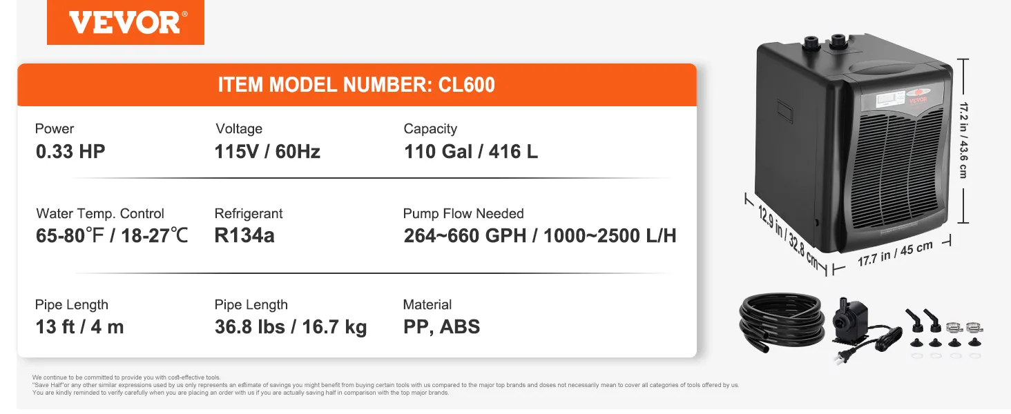 Enfriador de acuario VEVOR cl600, 0,33 hp, 115v, 110 gal, r134a, pp, abs, flujo de bomba de 264-660 gph.