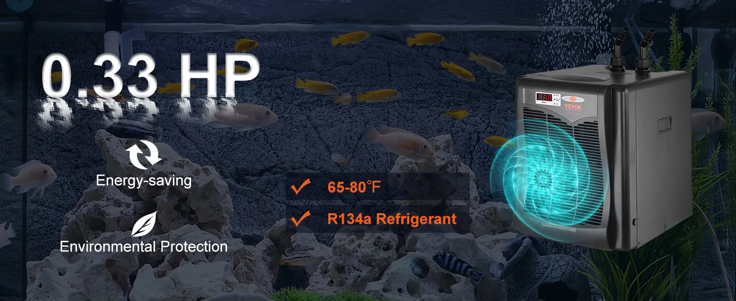 Enfriador de acuario VEVOR con 0,33 hp, rango de 65 a 80 °F, refrigerante R134A, ahorro de energía, protección del medio ambiente.