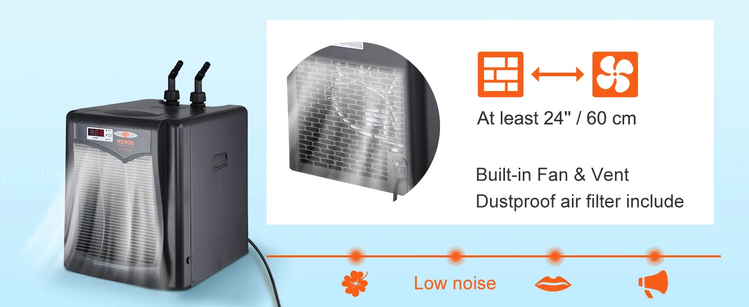 Enfriador de acuario VEVOR con ventilador incorporado, ventilación, filtro de aire a prueba de polvo y funcionamiento silencioso.
