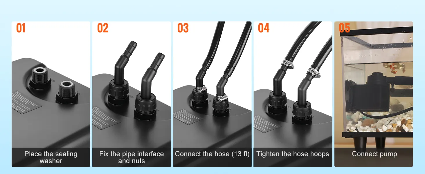 Pasos de instalación para enfriador de acuario VEVOR: arandela, interfaz de tubería, manguera, apretar aros, conectar bomba.