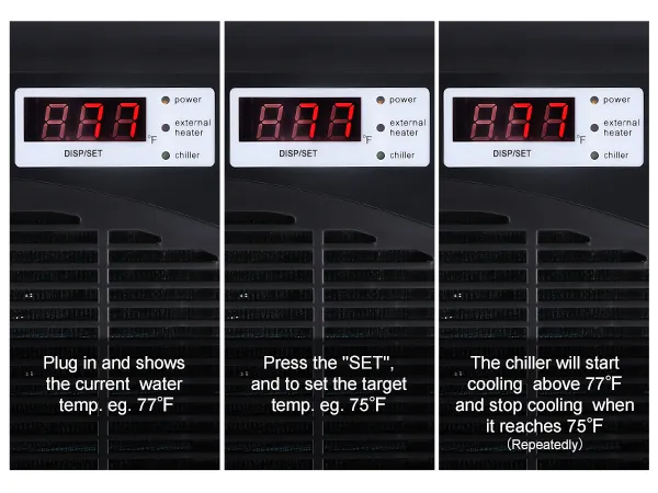 Pantalla del enfriador de acuario VEVOR que muestra la temperatura actual, la temperatura objetivo configurada y el ciclo de enfriamiento.