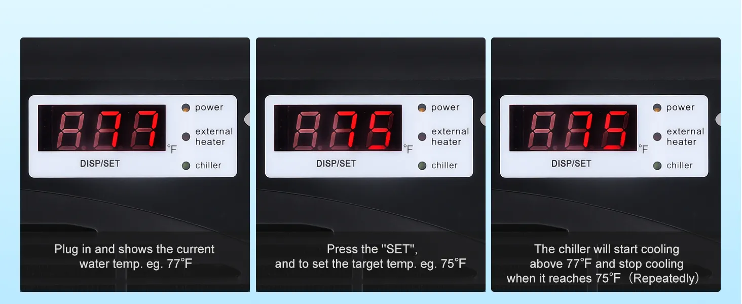 Pantalla del enfriador de acuario VEVOR que muestra la temperatura actual, la temperatura objetivo configurada y el ciclo de enfriamiento.