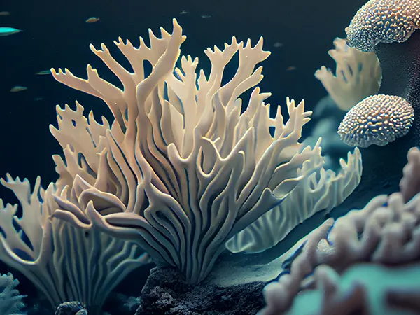 Primer plano de un arrecife de coral con colores vibrantes y texturas diversas. Ambiente ideal para un enfriador de acuario VEVOR.