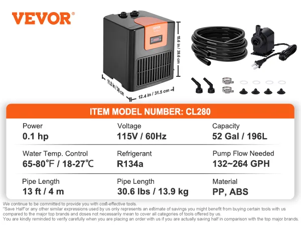 VEVOR aquarium chiller cl280, 0.1 hp, 52 gal capacity, 65-80°f control, 115v, 30.6 lbs, r134a refrigerant.