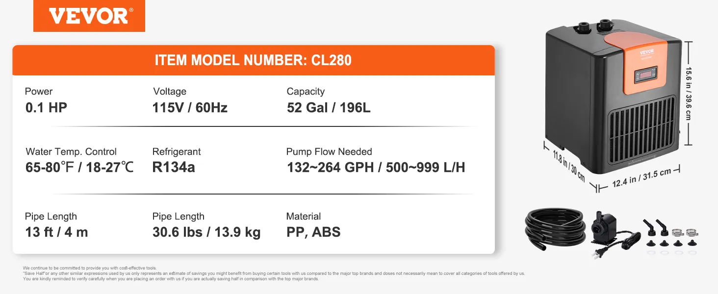 VEVOR aquarium chiller cl280, 0.1 hp, 52 gal capacity, 65-80°f control, 115v, 30.6 lbs, r134a refrigerant.