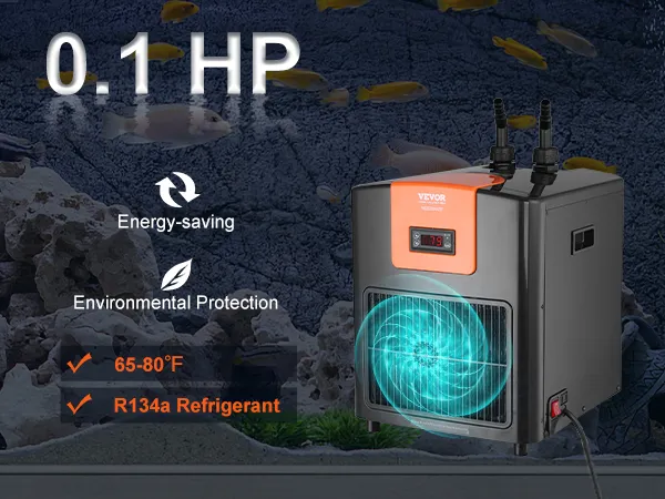 VEVOR aquarium chiller, 0.1 hp, energy-saving, environmental protection, 65-80°f, r134a refrigerant.
