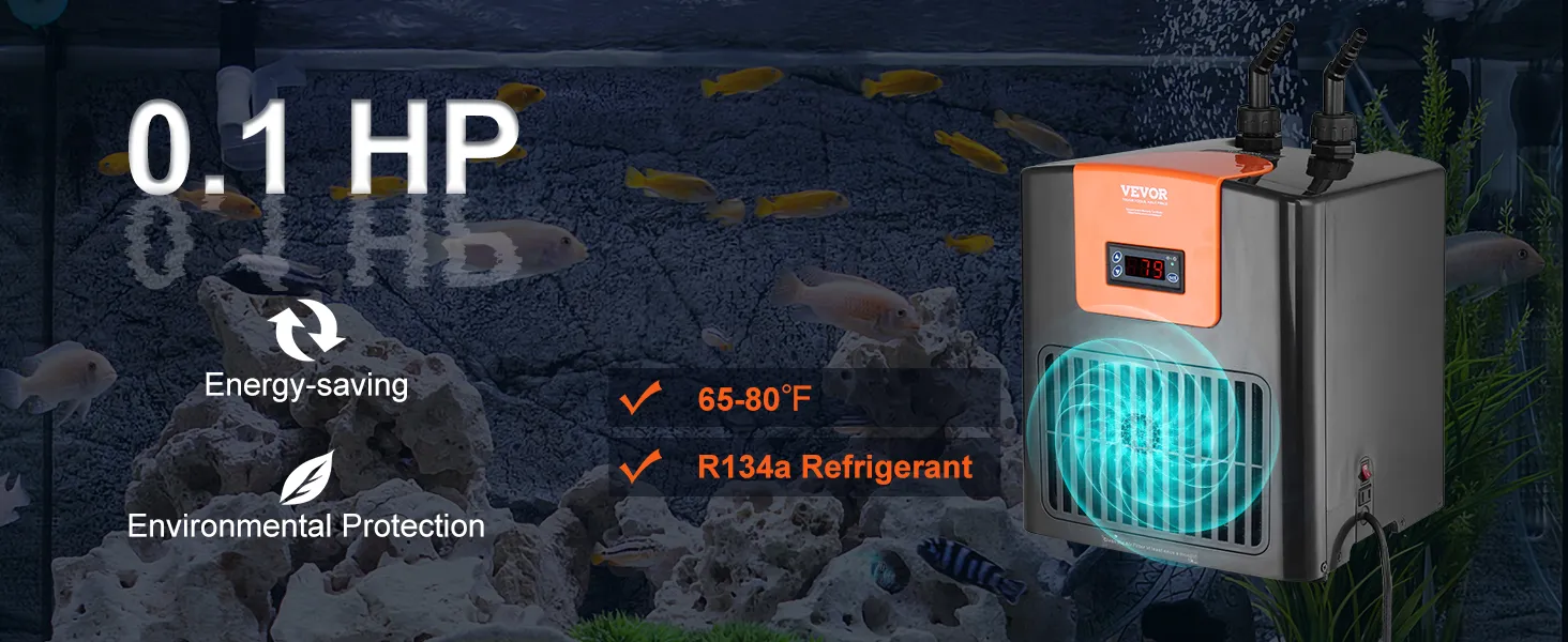 VEVOR aquarium chiller, 0.1 hp, energy-saving, environmental protection, 65-80°f, r134a refrigerant.