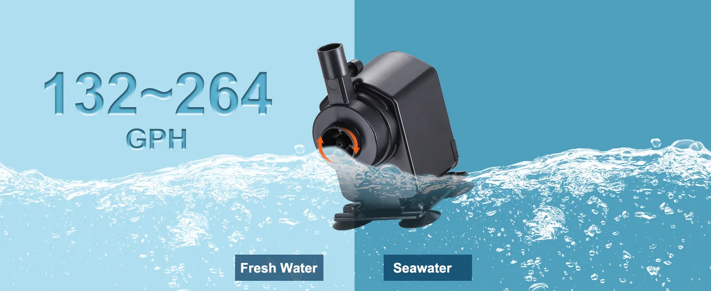 VEVOR aquarium chiller with 132-264 gph for fresh water and seawater, shown with water waves.