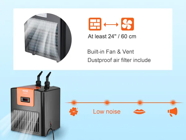 VEVOR aquarium chiller with built-in fan and vent, dustproof air filter, and low noise features.