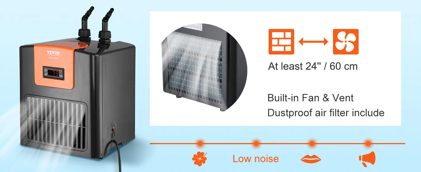 VEVOR aquarium chiller with built-in fan and vent, dustproof air filter, and low noise features.