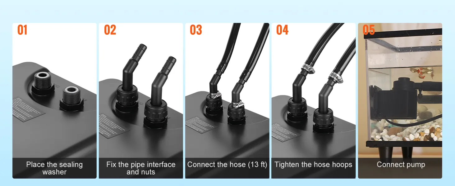 VEVOR aquarium chiller installation steps, showing pipe connection, sealing washer, and pump setup.