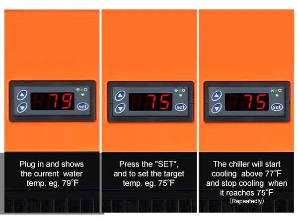 VEVOR aquarium chiller control panel showing water temperature and set target temperature steps.