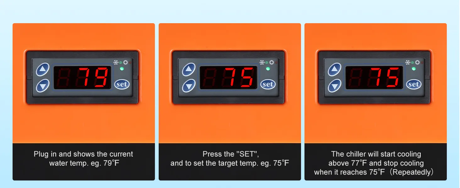VEVOR aquarium chiller control panel showing water temperature and set target temperature steps.