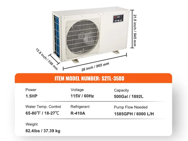 Enfriador de acuario VEVOR, 1,5 hp, 115 v/60 hz, capacidad de 500 galones, refrigerante r-410a, caudal de 1585 gph.