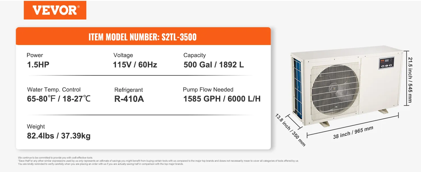 Enfriador de acuario VEVOR, 1,5 hp, 115 v/60 hz, capacidad de 500 galones, refrigerante r-410a, caudal de 1585 gph.