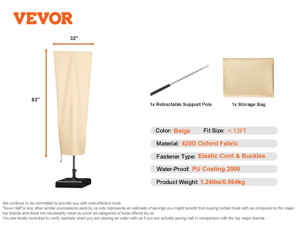 VEVOR patio umbrella cover, beige, 420d oxford fabric, waterproof pu coating, fits up to 13ft.