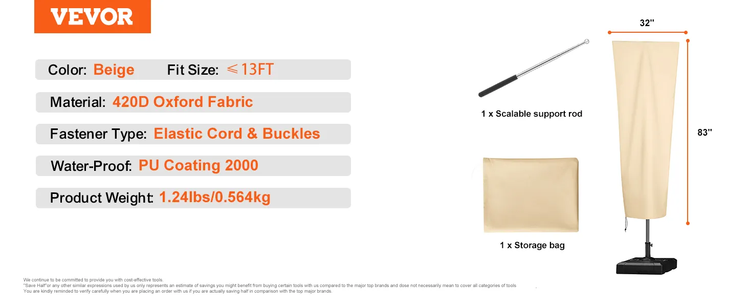 VEVOR patio umbrella cover, beige, 420d oxford fabric, waterproof pu coating, fits up to 13ft.