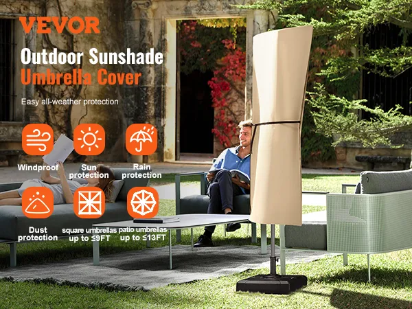 VEVOR patio umbrella cover offers windproof, sun, rain, and dust protection for square and patio umbrellas.