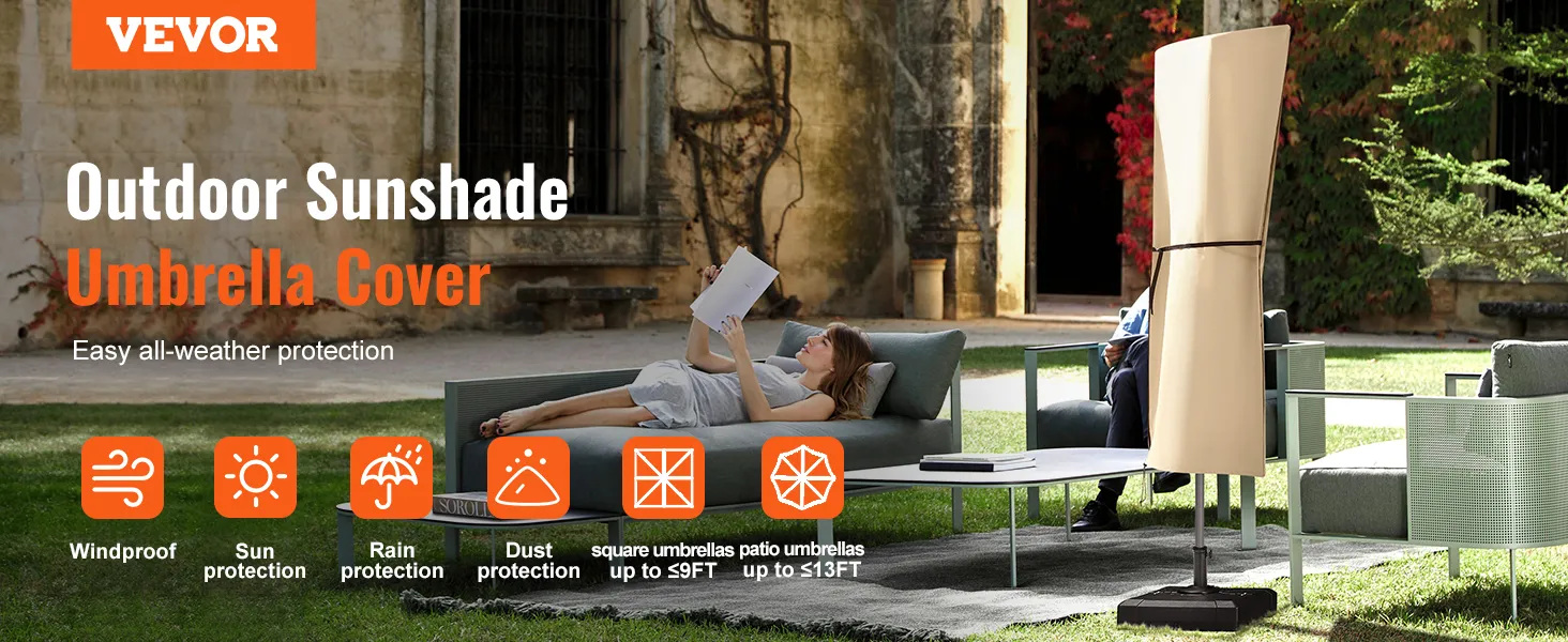 VEVOR patio umbrella cover offers windproof, sun, rain, and dust protection for square and patio umbrellas.