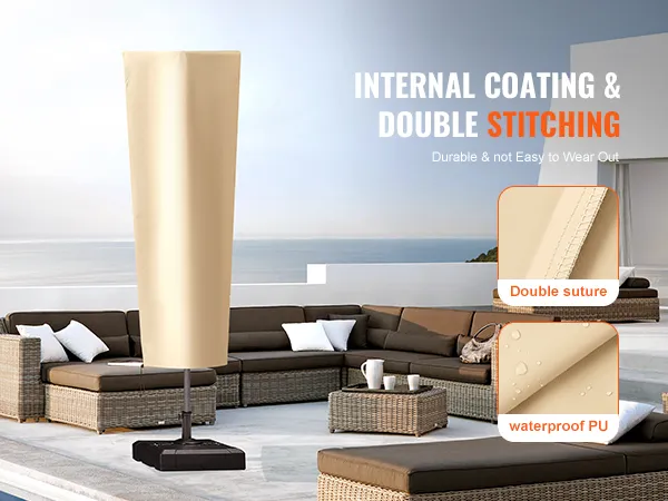 VEVOR patio umbrella cover with internal coating and double stitching beside wicker furniture by the sea.