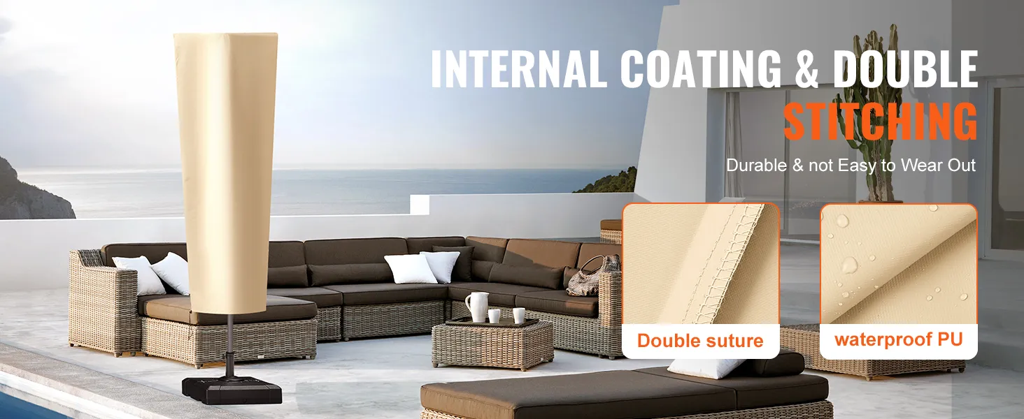 VEVOR patio umbrella cover with internal coating and double stitching beside wicker furniture by the sea.