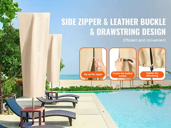 side zipper, leather buckle, drawstring design on beachside VEVOR patio umbrella cover.