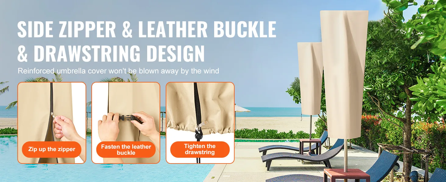 side zipper, leather buckle, drawstring design on beachside VEVOR patio umbrella cover.