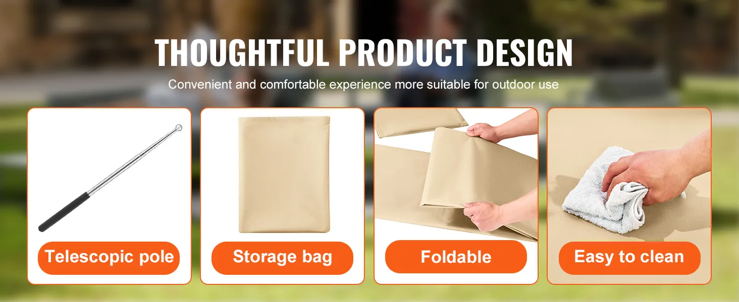 thoughtful design showcasing VEVOR patio umbrella cover with telescopic pole, storage bag, foldable, and easy to clean.