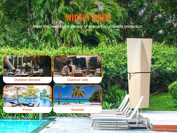 VEVOR patio umbrella cover protecting an umbrella beside poolside loungers with lush greenery backdrop.