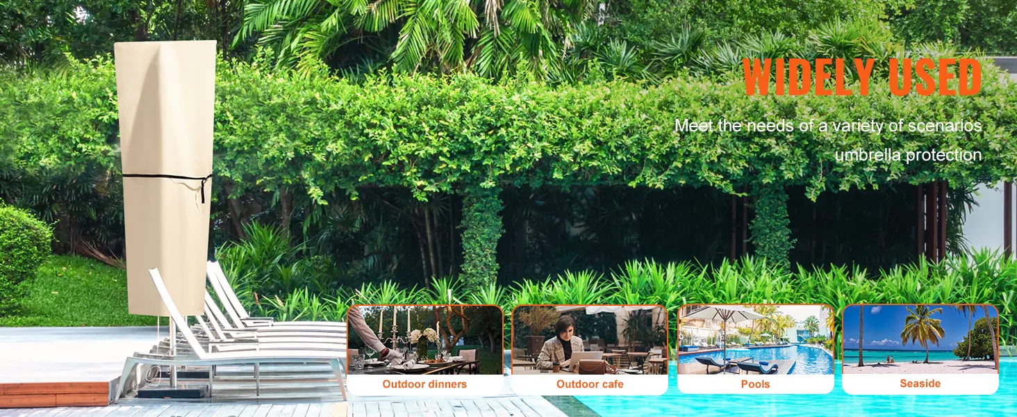 VEVOR patio umbrella cover protecting an umbrella beside poolside loungers with lush greenery backdrop.