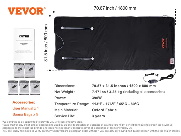 Coperta per sauna VEVOR con dimensioni, peso, potenza, intervallo di temperatura, materiale e accessori dettagliati.