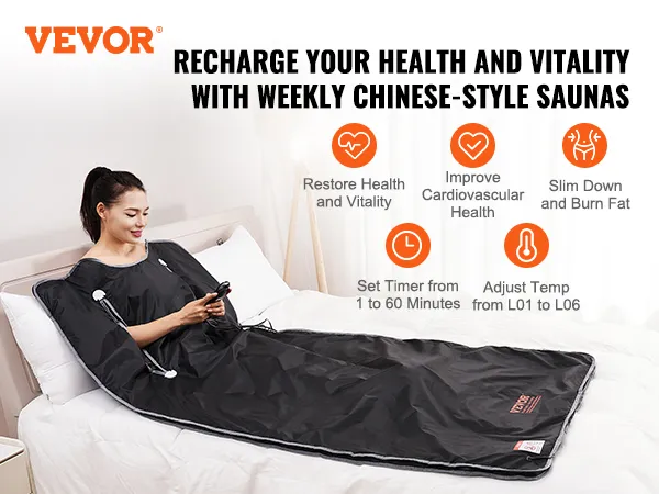 Coperta per sauna VEVOR sul letto, per ricaricare salute e vitalità con saune settimanali in stile cinese.