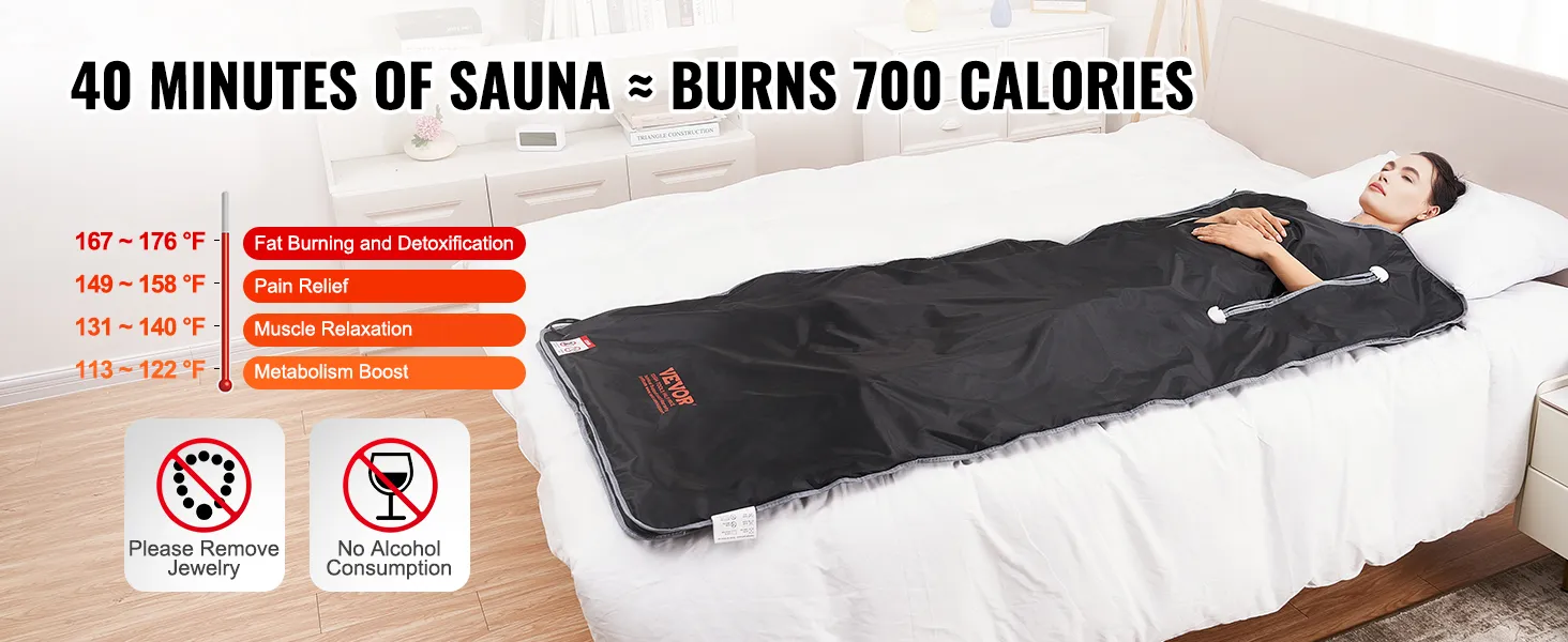 La coperta per sauna VEVOR posizionata sul letto favorisce la combustione dei grassi, la disintossicazione, l'alleviamento del dolore, il rilassamento muscolare e l'accelerazione del metabolismo.