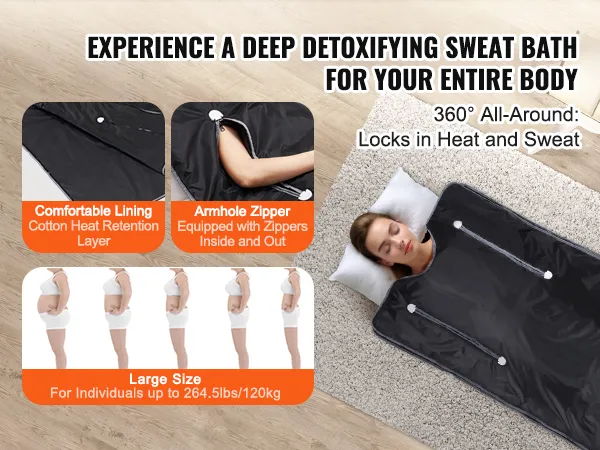 Coperta per sauna VEVOR con comodo strato di cotone che trattiene il calore, cerniere per le ascelle e taglia grande per un massimo di 120 kg.