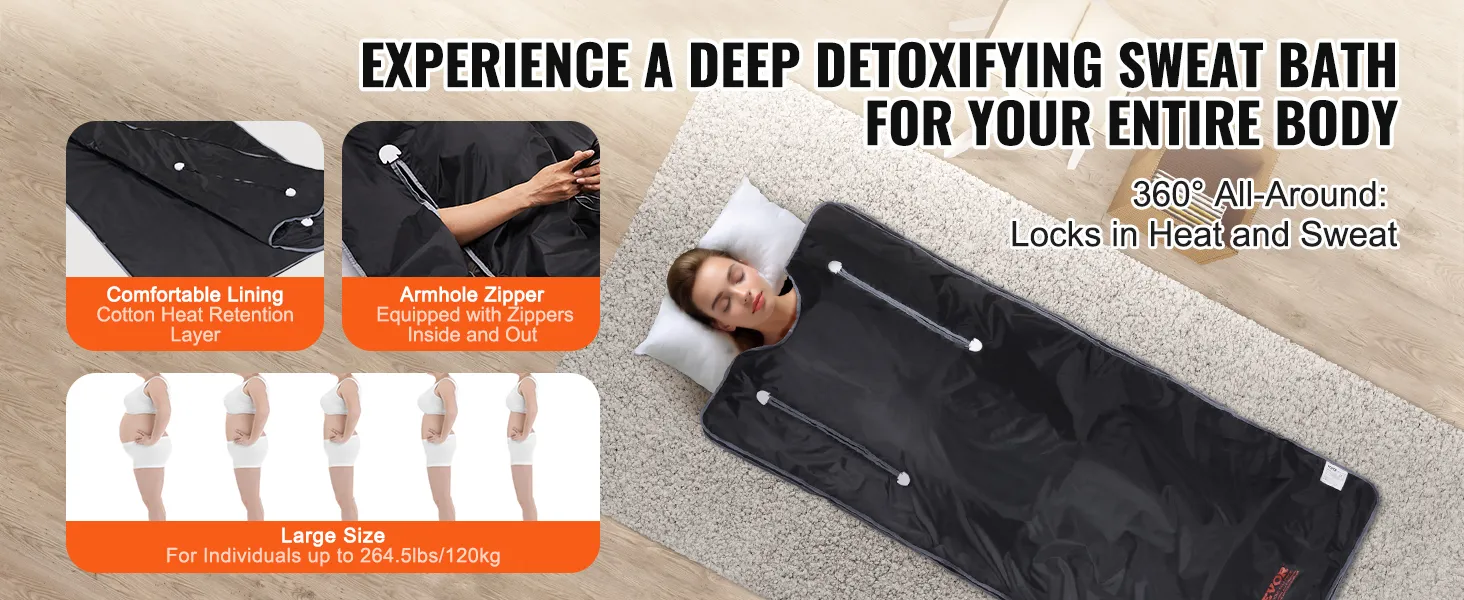Coperta per sauna VEVOR con comodo strato di cotone che trattiene il calore, cerniere per le ascelle e taglia grande per un massimo di 120 kg.