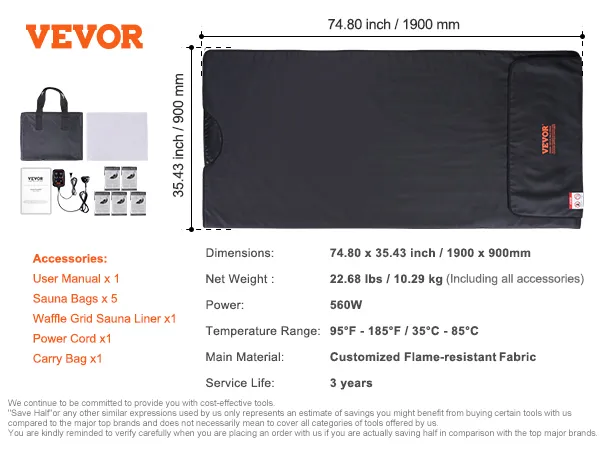 VEVOR sauna blanket product specifications and accessories, dimensions 74.80 x 35.43 inch.
