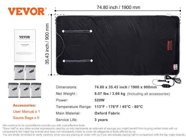 VEVOR sauna blanket, 74.80 x 35.43 inch, 520w power, oxford fabric, includes user manual and 5 sauna bags.