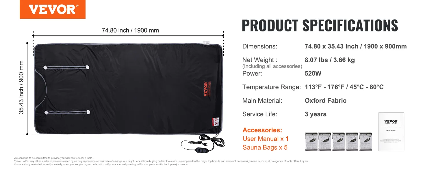 VEVOR sauna blanket, 74.80 x 35.43 inch, 520w power, oxford fabric, includes user manual and 5 sauna bags.